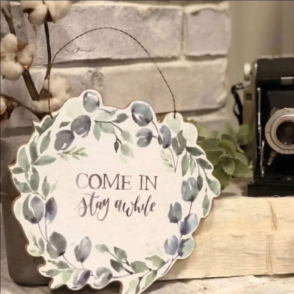 9" Hanging Wood Sign: Come In Stay Awhile - Picture 2 of 2